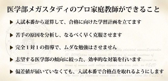 入試本番から逆算して、合格に向けた学習計画を立てます 苦手の原因を分析し、なるべく早く克服させます 完全１対１の指導で。ムダな勉強はさせません 志望する医学部の傾向に絞った、効率的な対策を行います 偏差値が届いていなくても、入試本番で合格点を取れるようにします