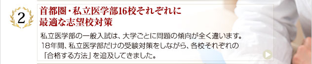 首都圏・私立医学部16校それぞれに最適な志望校対策:私立医学部の一般入試は、大学ごとに問題の傾向が全く違います。18年間、私立医学部だけの受験対策をしながら、各校それぞれの「合格する方法」を追及してきました。